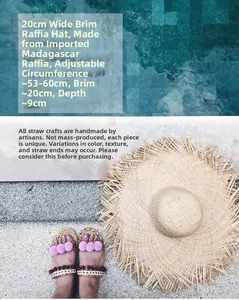 Detail showing natural raffia sun hat with 20cm wide brim and 53-60cm adjustable size