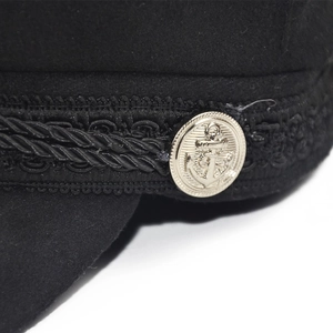 Black wool military baker boy hat with gold anchor buttons and braided rope trim detail