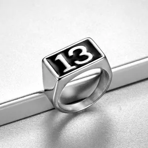 Men's punk style silver square ring with vintage lucky number 13 black enamel finish