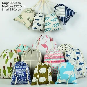 Nordic cotton linen drawstring storage bags with whale and flamingo prints in three sizes