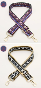 Adjustable ethnic style woven bag straps with geometric patterns and gold lobster clasps