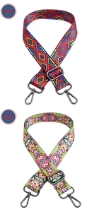 Close-up of ethnic style adjustable bag straps with colorful patterns and metal buckles