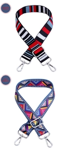 Detail of adjustable ethnic and striped wide canvas straps with silver metal swivels
