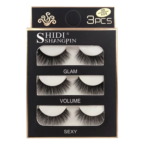 Detailed set of 3D synthetic eyelashes including Glam, Volume and Sexy styles in a box