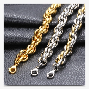 Three variants of 10mm stainless steel rope chains with lobster clasps in gold and silver