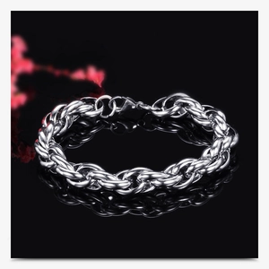 Macro shot of 10mm stainless steel twist chain bracelet with a secure lobster clasp