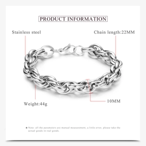 Detailed view of 10mm stainless steel twist chain bracelet with 44g weight specs