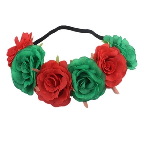 Rainbow floral headband featuring red and green simulation roses on a black elastic band