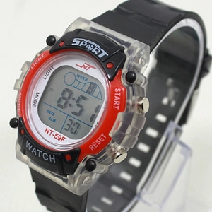 Detail view of digital sport watch NT-59F featuring red bezel and black rubber strap