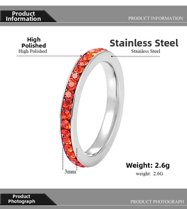 Detail of 3mm stainless steel ring with micro-pave orange-red cubic zirconia stones