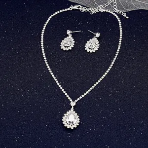 Elegant silver bridal jewelry set with pear-cut cubic zirconia necklace and earrings