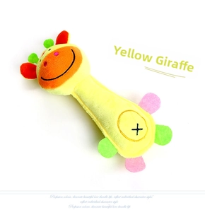 Detail of plush giraffe squeaky dog toy showing soft fabric and colorful accents