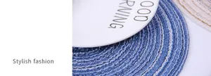 Detailed close-up of blue and white spiral woven placemat with a white ceramic plate