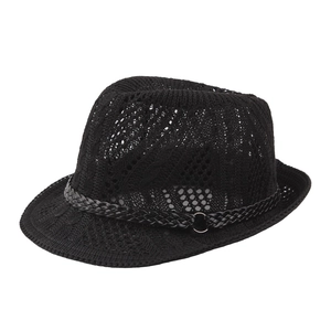Black knit breathable panama hat with faux leather band and silver buckle on white background