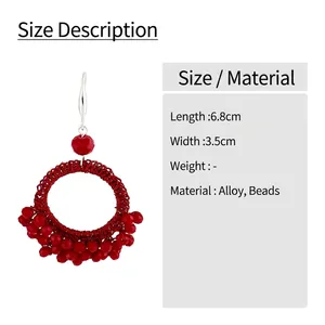 Vintage red hand-woven beaded earrings for women with silver hooks and size specifications