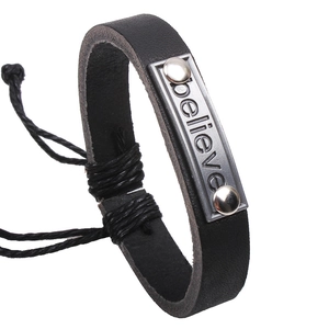 Adjustable black leather woven bracelet featuring a silver metal plate engraved with Believe