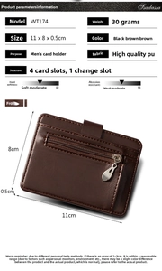 Detailed size specifications of slim brown PU leather card holder with 4 slots and zipper pocket