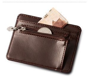 Detailed close-up of dark brown PU leather wallet showing card slots and zipper pocket
