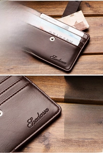 Detail of brown PU leather wallet showing multi-card slots and neat edge stitching