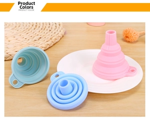 Three-piece set of foldable silicone funnels in pink, cyan, and light blue with hanging holes