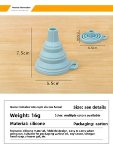 Blue foldable silicone kitchen funnel showing both expanded and collapsed storage sizes