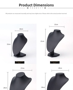 Detailed size chart for four black leather portrait necklace display stands