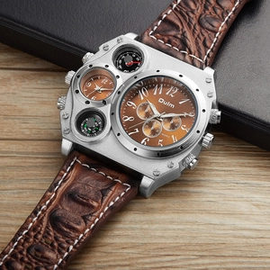 Large Dial Men's Quartz Watch With Multi Time Zone Artificial Leather Strap Industrial Style Decorative Compass Thermometer Fashion Designer Wristwatch