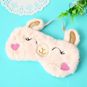 Cute beige plush alpaca sleep mask with pink heart embroidery and gold sequin ears