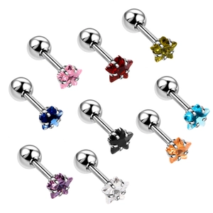 Detailed set of nine stainless steel star-shaped zircon cartilage earrings in multiple colors