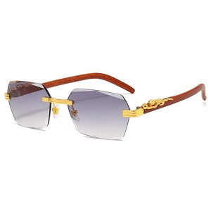 Frameless rimless sunglasses with leopard metal accent and brown wood grain temples