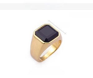 Detail of 14mm square black gemstone signet ring with 18K gold plating and 11g weight info