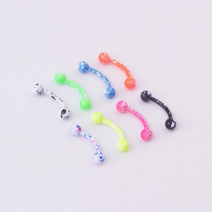 Set of 8 colorful paint-splattered stainless steel eyebrow rings with ball ends