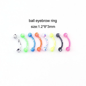 Set of 8 colorful paint-splattered stainless steel eyebrow rings with ball ends