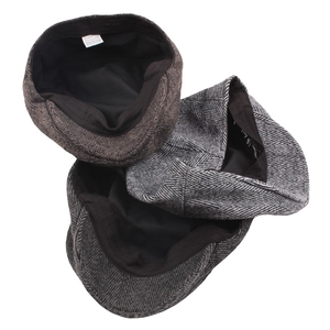 Three-piece set of men's newsboy caps in grey and brown wool blend herringbone pattern