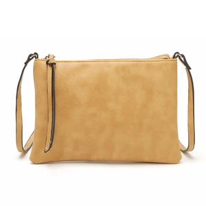 Close-up of light brown crossbody bag with textured faux leather and tassel zipper detail