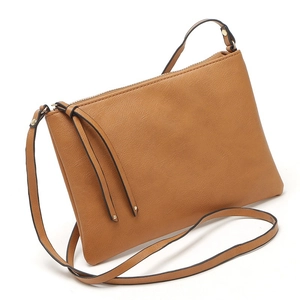 Detail view of brown PU leather crossbody envelope bag with zipper and slim shoulder strap