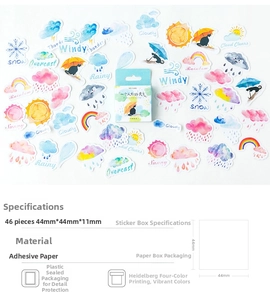 Detail view of 46pcs weather themed matte stickers showing dimensions 44x44x11mm