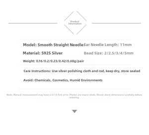 Size chart showing S925 sterling silver ball stud earring dimensions and care guide