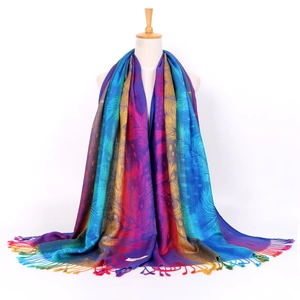 Women Scarf Shawl Ethnic Retro Peacock Paisley Feather Floral Jacquard Viscose Pashmina Tassel Wrap For Travel Spring