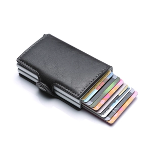 Black PU leather automatic pop-up aluminum credit card holder with secure snap button closure