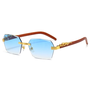 Frameless square sunglasses with gradient blue lenses and wood temples featuring golden leopard