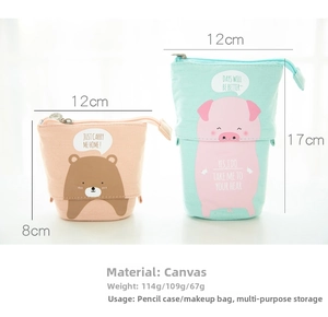 Detailed comparison of expandable canvas pencil case showing folded and extended heights