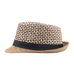 Men's paper straw fedora hat with brown geometric weave and black band for sun protection