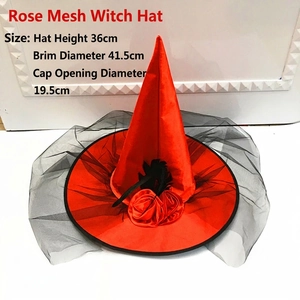 Detail of red satin witch hat with roses and black mesh, dimensions 36cm height and 41.5cm width