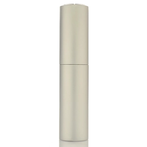 Vertical view of a 10ml twist-up silver metallic perfume atomizer bottle on white background