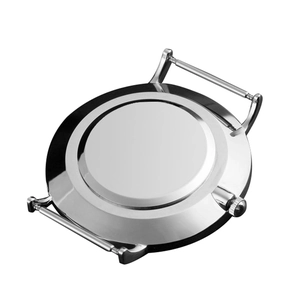 Polished silver stainless steel watch case back with crown and lugs on white background