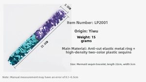 Detail showing 22cm sequin slap bracelet with dimensions and purple-green texture