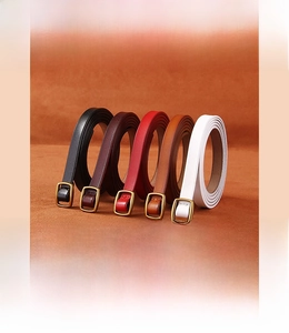 Detailed view of genuine leather belts in five colors with slim alloy buckle specs