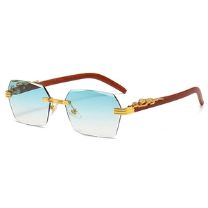 Frameless square sunglasses with gradient blue lenses and gold leopard wood temples