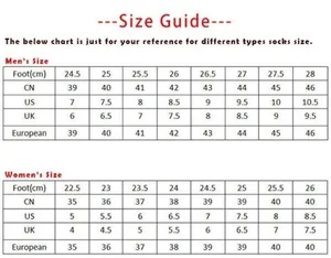 Bamboo fiber socks size guide chart for men and women showing US, UK, EU, and CN measurements